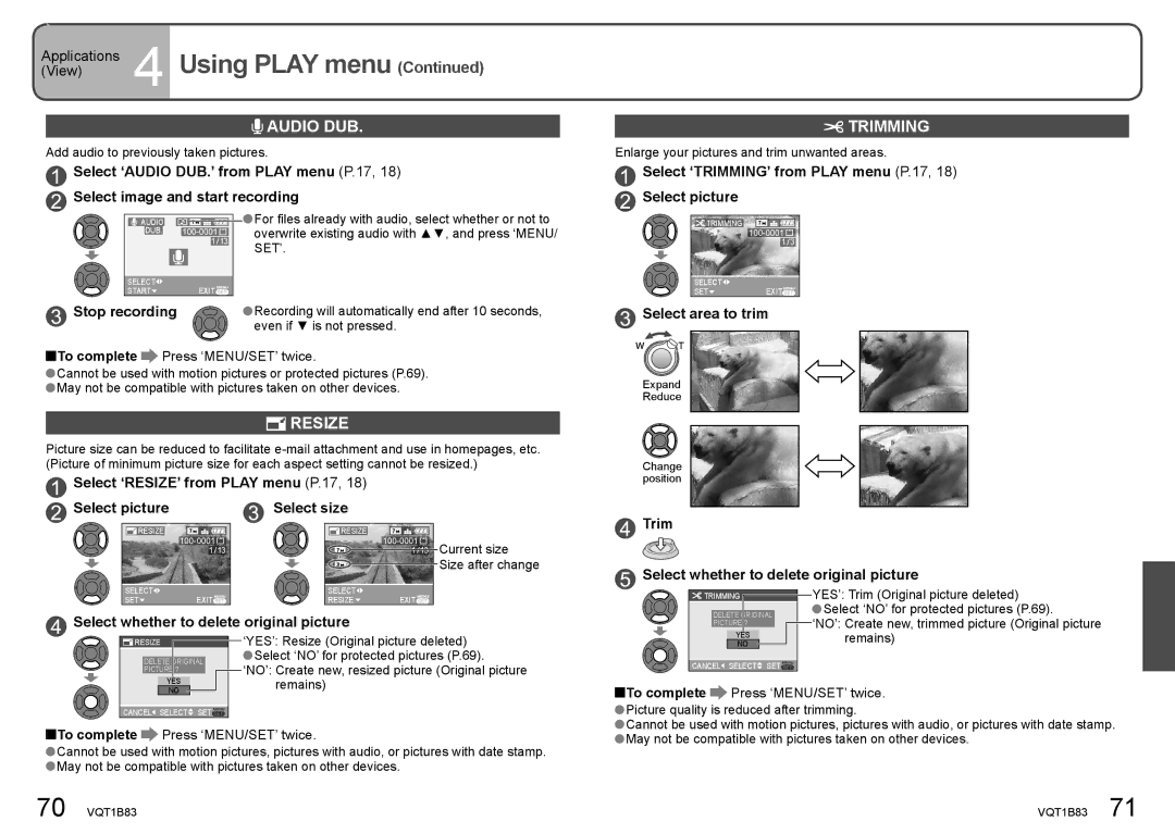 Panasonic DMC-TZ2 operating instructions Audio DUB, Trimming, Resize 