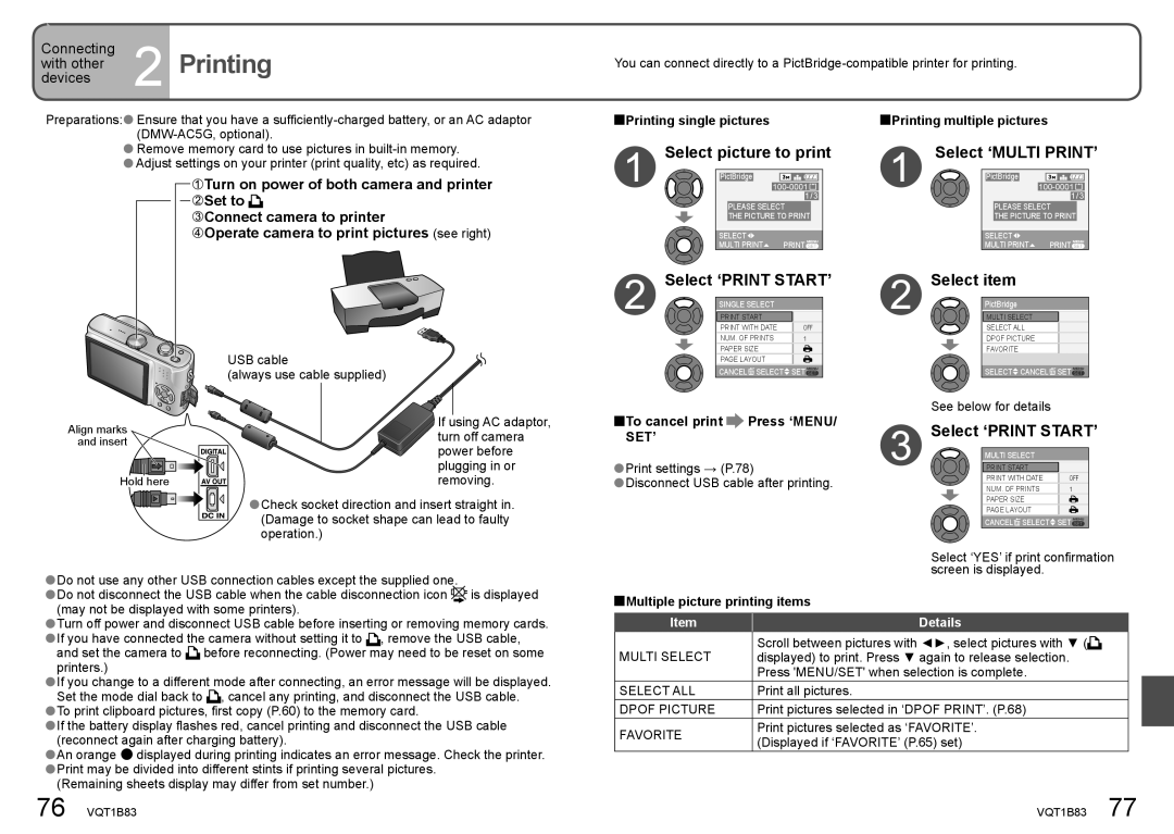 Panasonic DMC-TZ2 Printing, Select picture to print, Select ‘PRINT START’, Select ‘MULTI PRINT’, Set’ 