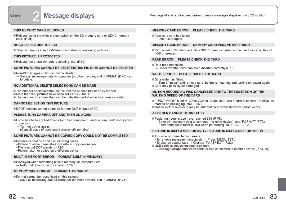 Panasonic DMC-TZ2 operating instructions Message displays 