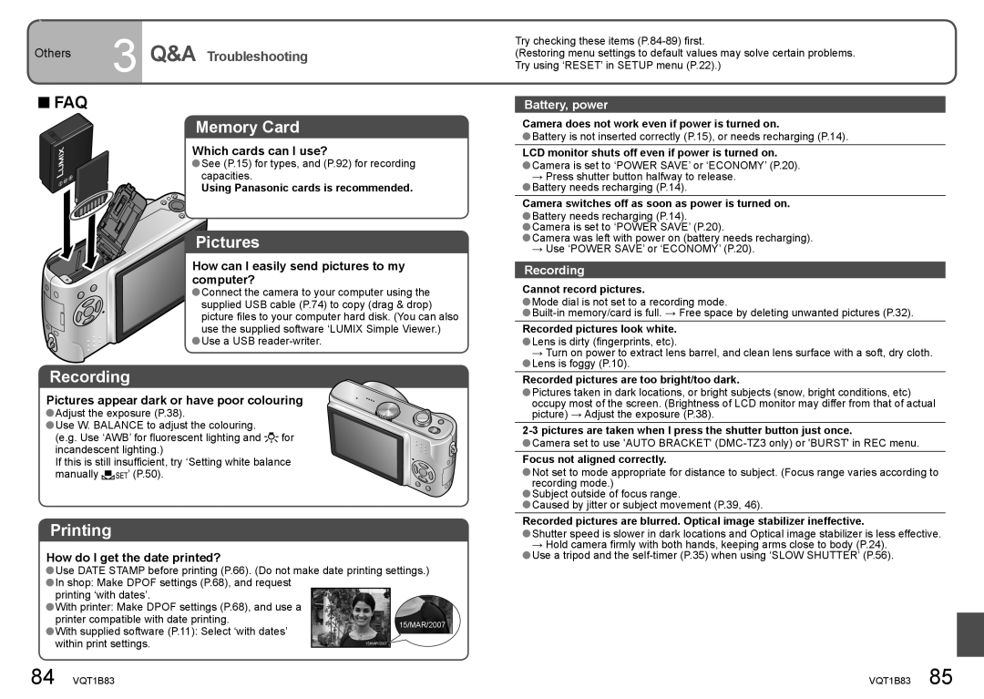 Panasonic DMC-TZ2 operating instructions Battery, power, Recording 