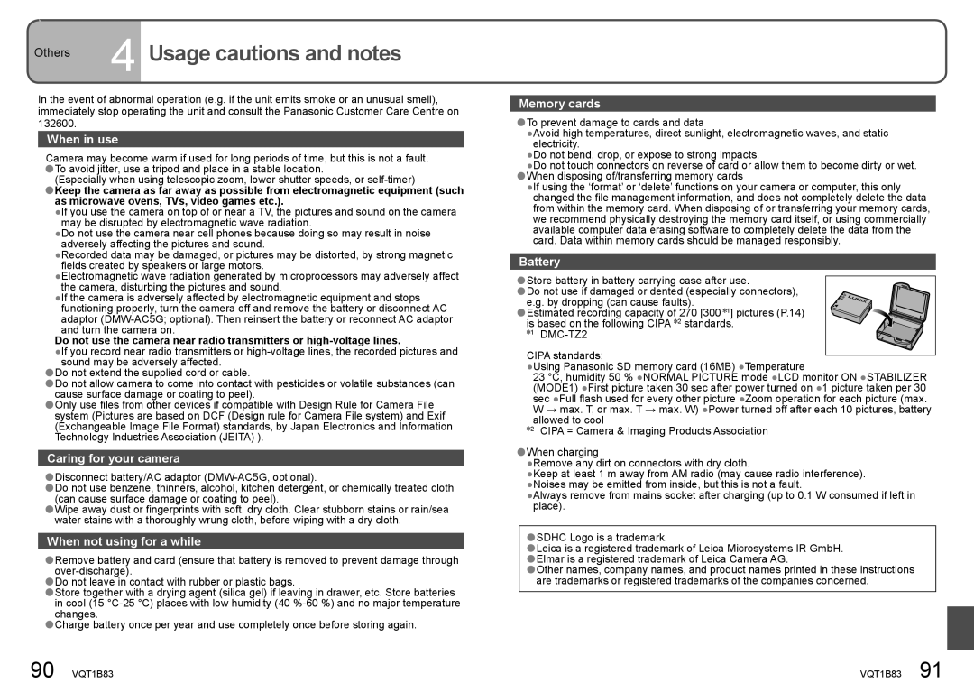 Panasonic DMC-TZ2 operating instructions Usage cautions and notes 