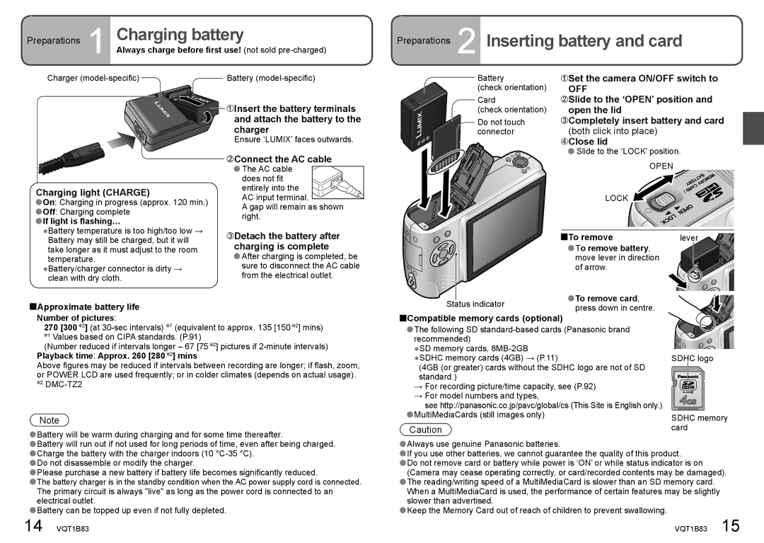 Panasonic DMC-TZ2 operating instructions Charging battery, Preparations 2 Inserting battery and card, Off 