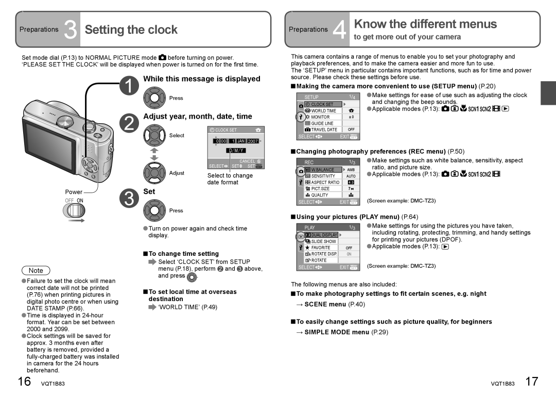 Panasonic DMC-TZ2 operating instructions Preparations 3 Setting the clock, Preparations 4 Know the different menus 