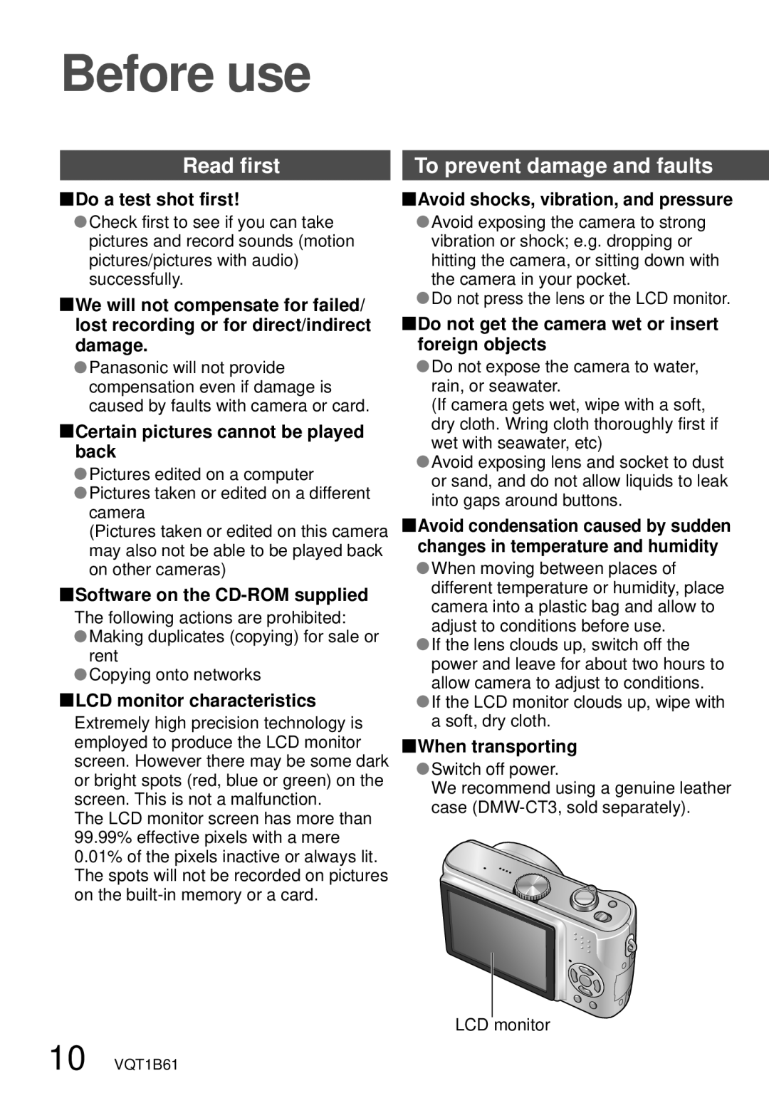 Panasonic DMC-TZ3 operating instructions Read first, To prevent damage and faults 