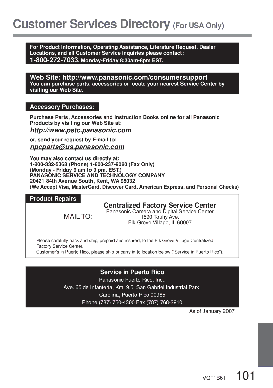 Panasonic DMC-TZ3 operating instructions Customer Services Directory For USA Only, Centralized Factory Service Center 