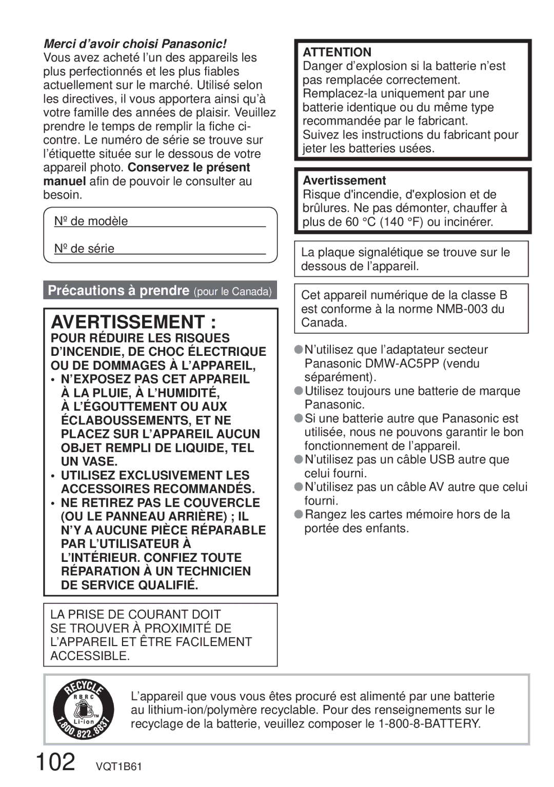 Panasonic DMC-TZ3 operating instructions Précautions à prendre pour le Canada, Avertissement 