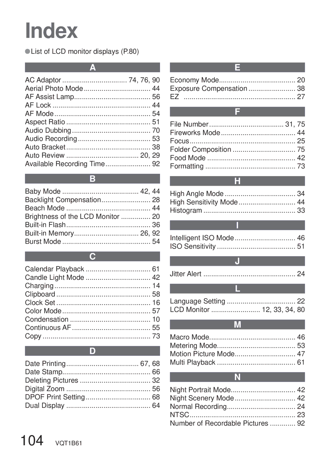 Panasonic DMC-TZ3 operating instructions List of LCD monitor displays P.80, 74, 76, Number of Recordable Pictures 