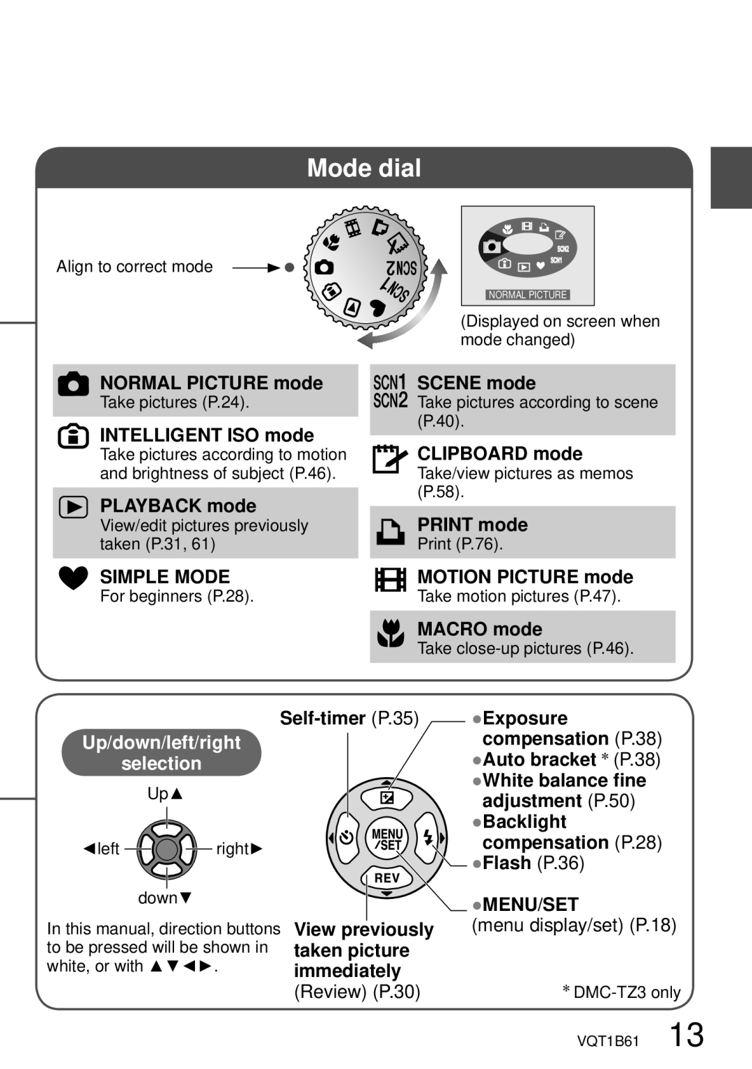 Panasonic DMC-TZ3 operating instructions Up/down/left/right Selection 