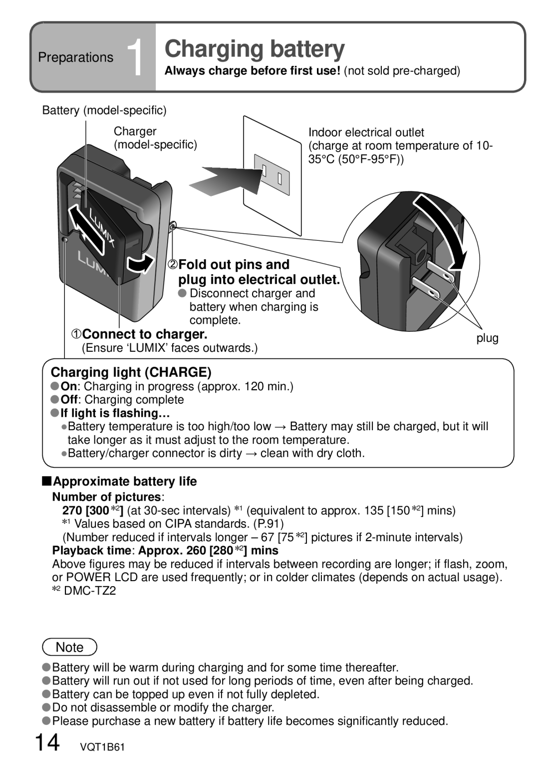 Panasonic DMC-TZ3 Preparations 1 Charging battery, Fold out pins Plug into electrical outlet, Connect to charger 