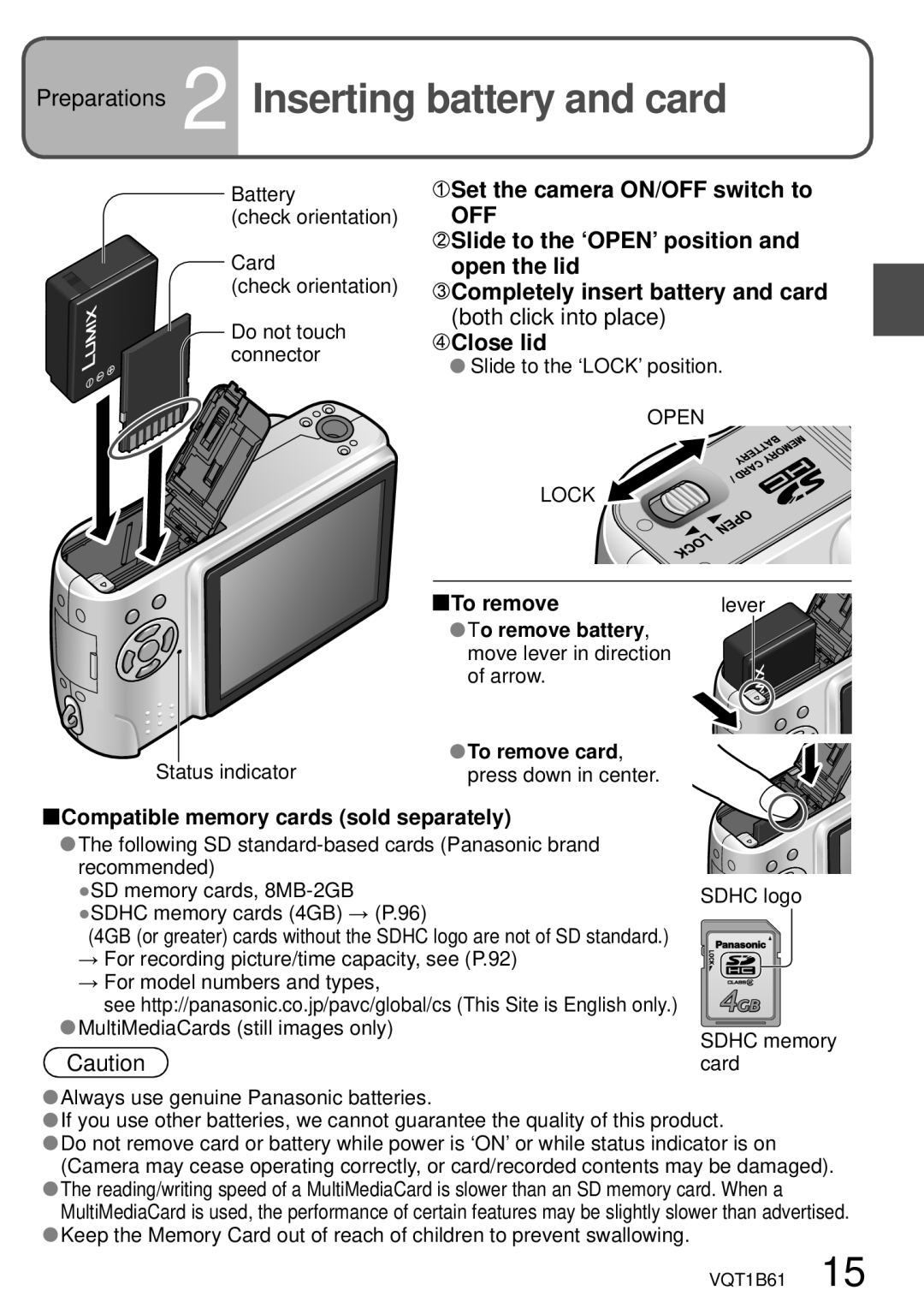 Panasonic DMC-TZ3 Preparations 2 Inserting battery and card, Set the camera ON/OFF switch to, Open Lock, To remove card 