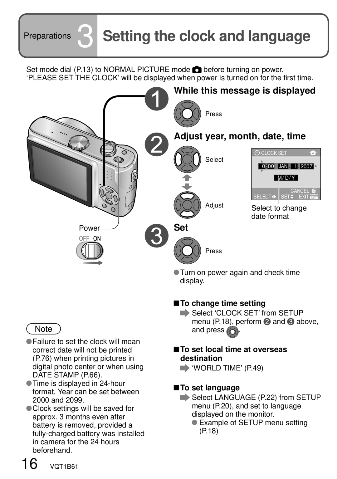 Panasonic DMC-TZ3 operating instructions Preparations 3 Setting the clock and language, While this message is displayed 