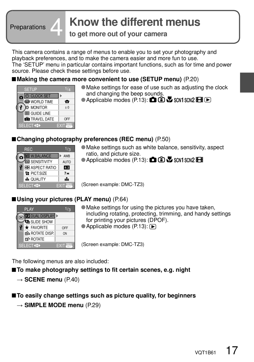 Panasonic DMC-TZ3 Preparations 4 Know the different menus, Making the camera more convenient to use Setup menu P.20 