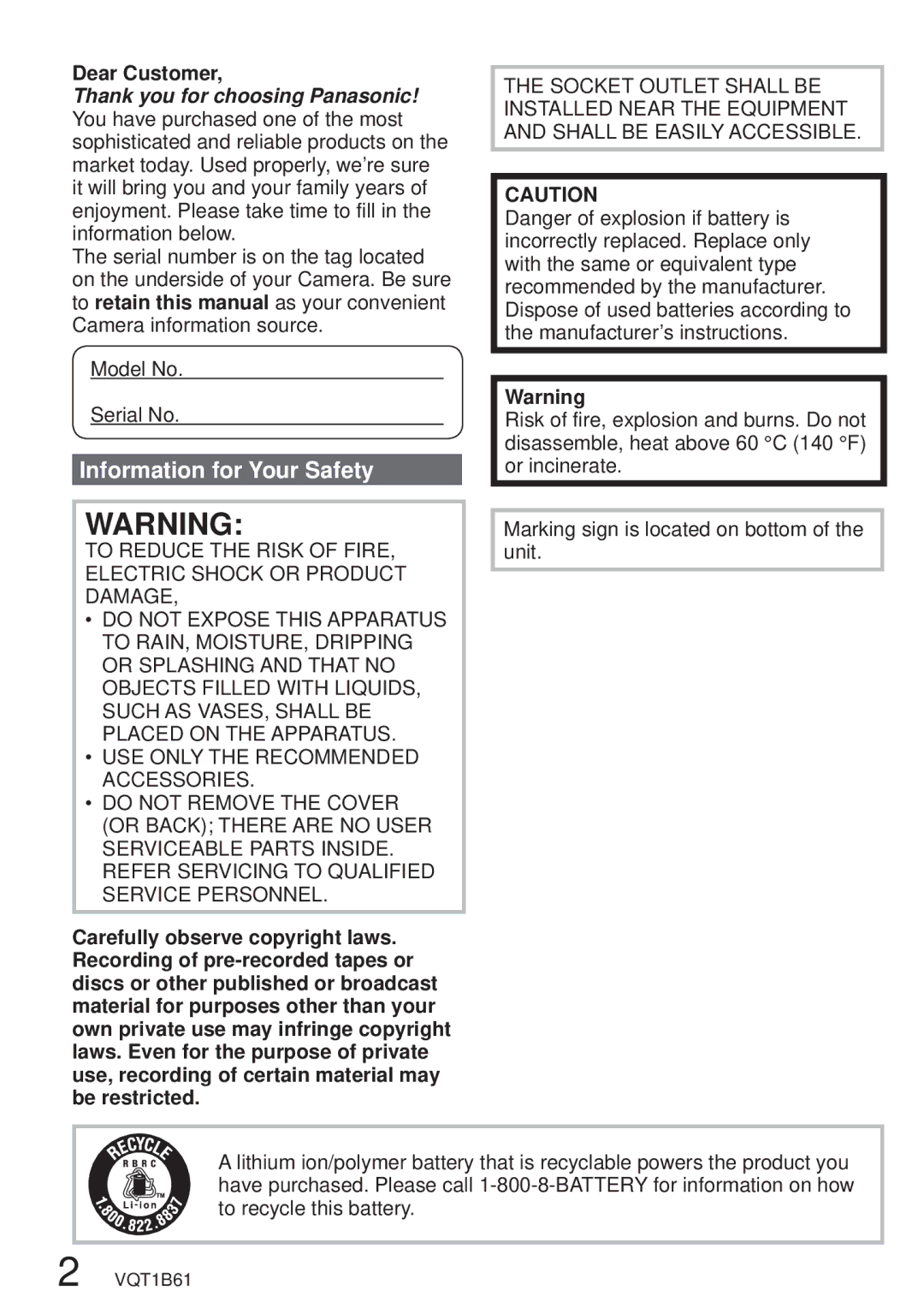 Panasonic DMC-TZ3 operating instructions Information for Your Safety, Dear Customer 