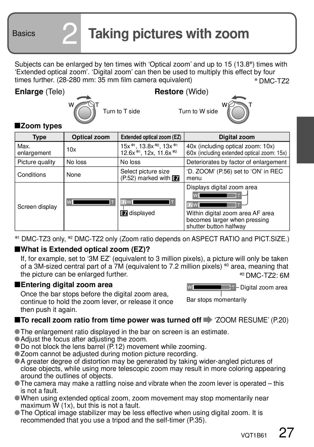Panasonic DMC-TZ3 Basics 2 Taking pictures with zoom, Enlarge Tele Restore Wide, Zoom types, Entering digital zoom area 