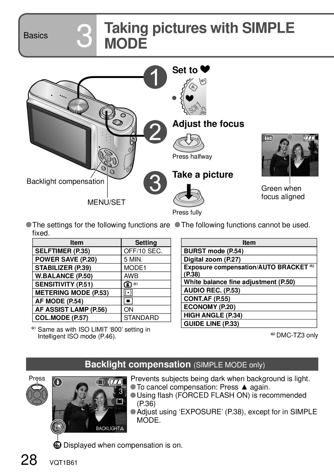 Panasonic DMC-TZ3 operating instructions Basics 3 TakingMODE pictures with Simple, Set to Adjust the focus 