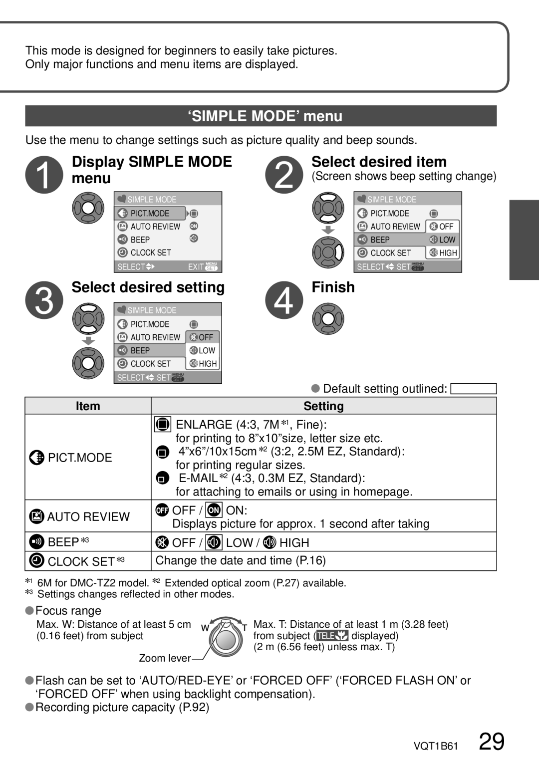 Panasonic DMC-TZ3 ‘SIMPLE MODE’ menu, Display Simple Mode Select desired item Menu, Select desired setting Finish, Setting 