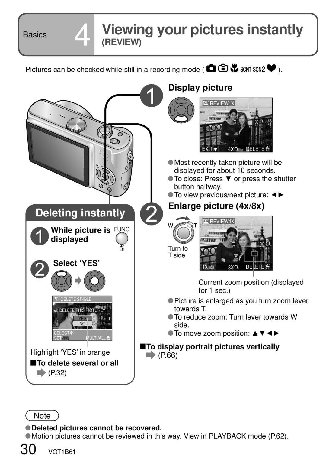 Panasonic DMC-TZ3 Viewing your pictures instantly, Display picture, Enlarge picture 4x/8x, To delete several or all 