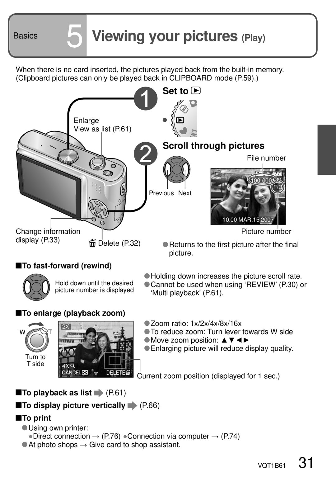 Panasonic DMC-TZ3 Viewing your pictures Play, Set to, Scroll through pictures, To fast-forward rewind 