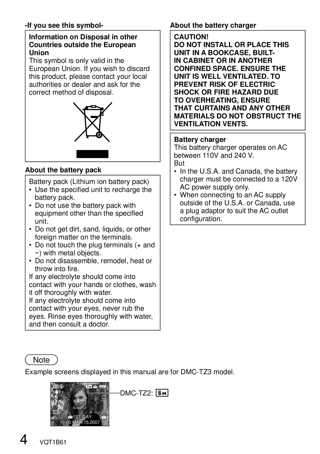 Panasonic DMC-TZ3 operating instructions About the battery pack, About the battery charger, Battery charger 