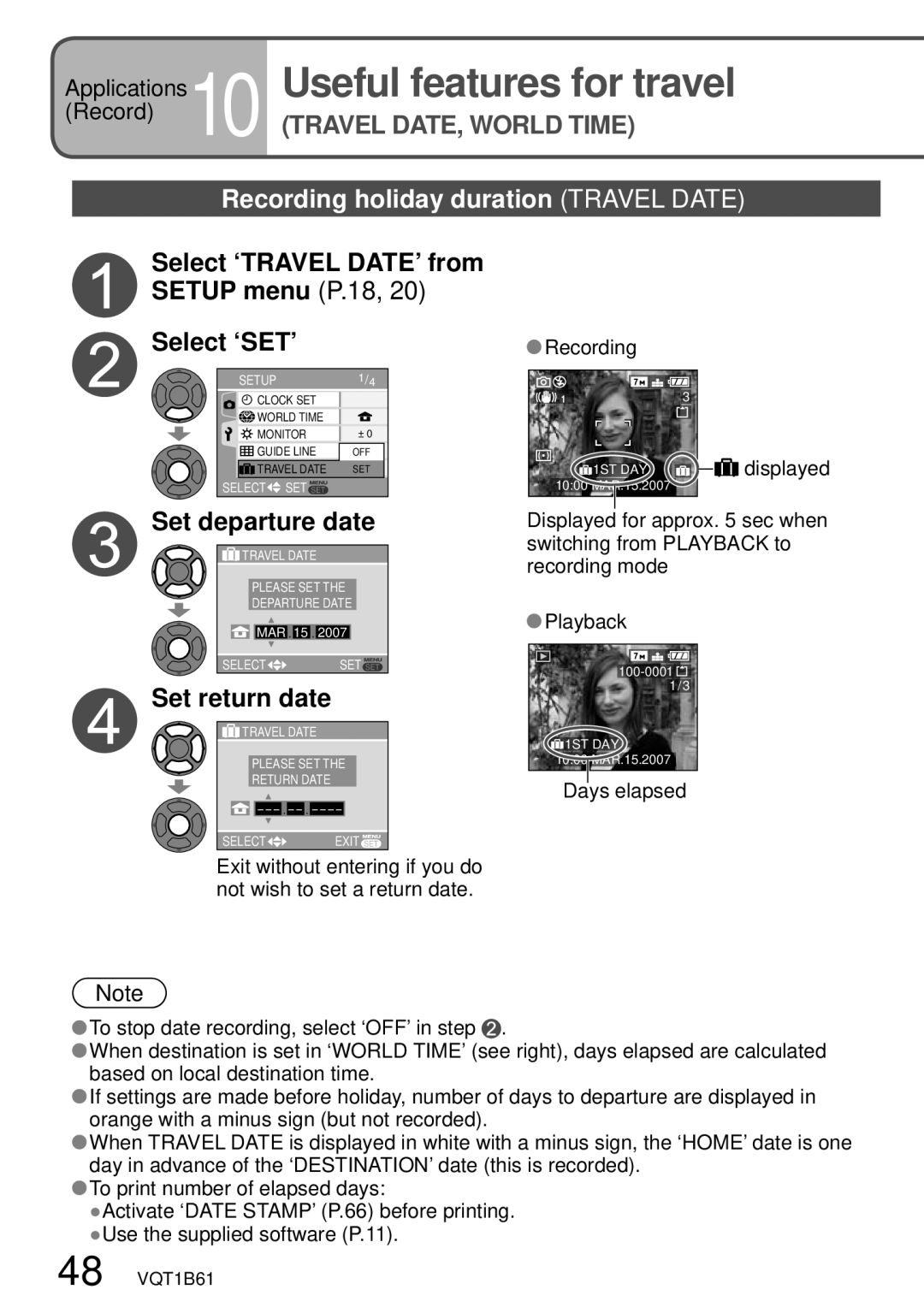 Panasonic DMC-TZ3 Useful features for travel, Recording holiday duration Travel Date, Set departure date, Set return date 