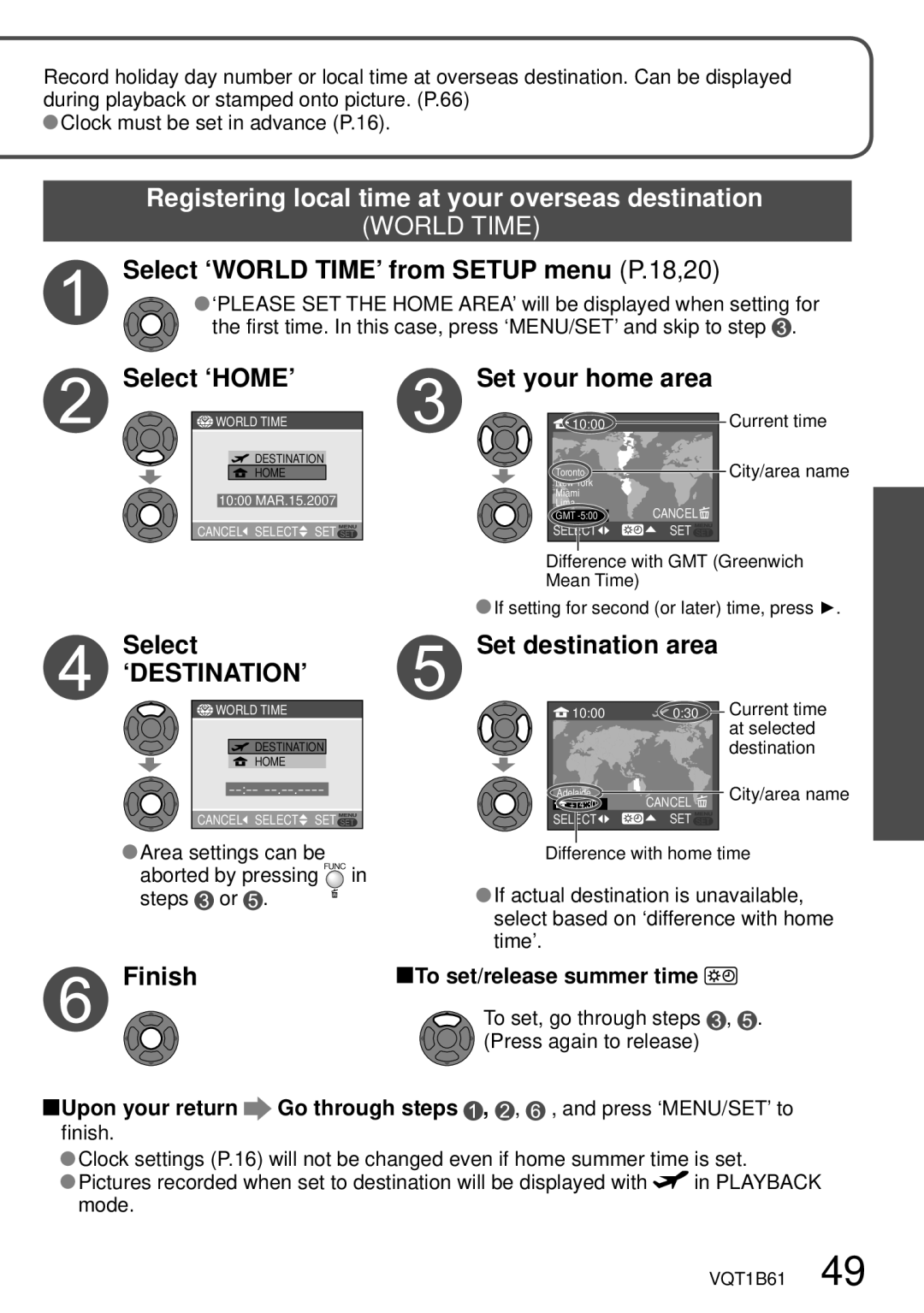 Panasonic DMC-TZ3 Registering local time at your overseas destination, Select ‘WORLD TIME’ from Setup menu P.18,20 