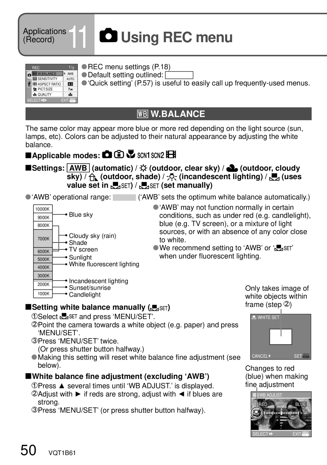 Panasonic DMC-TZ3 operating instructions Using REC menu, Balance, Setting white balance manually, ‘Menu/Set’ 