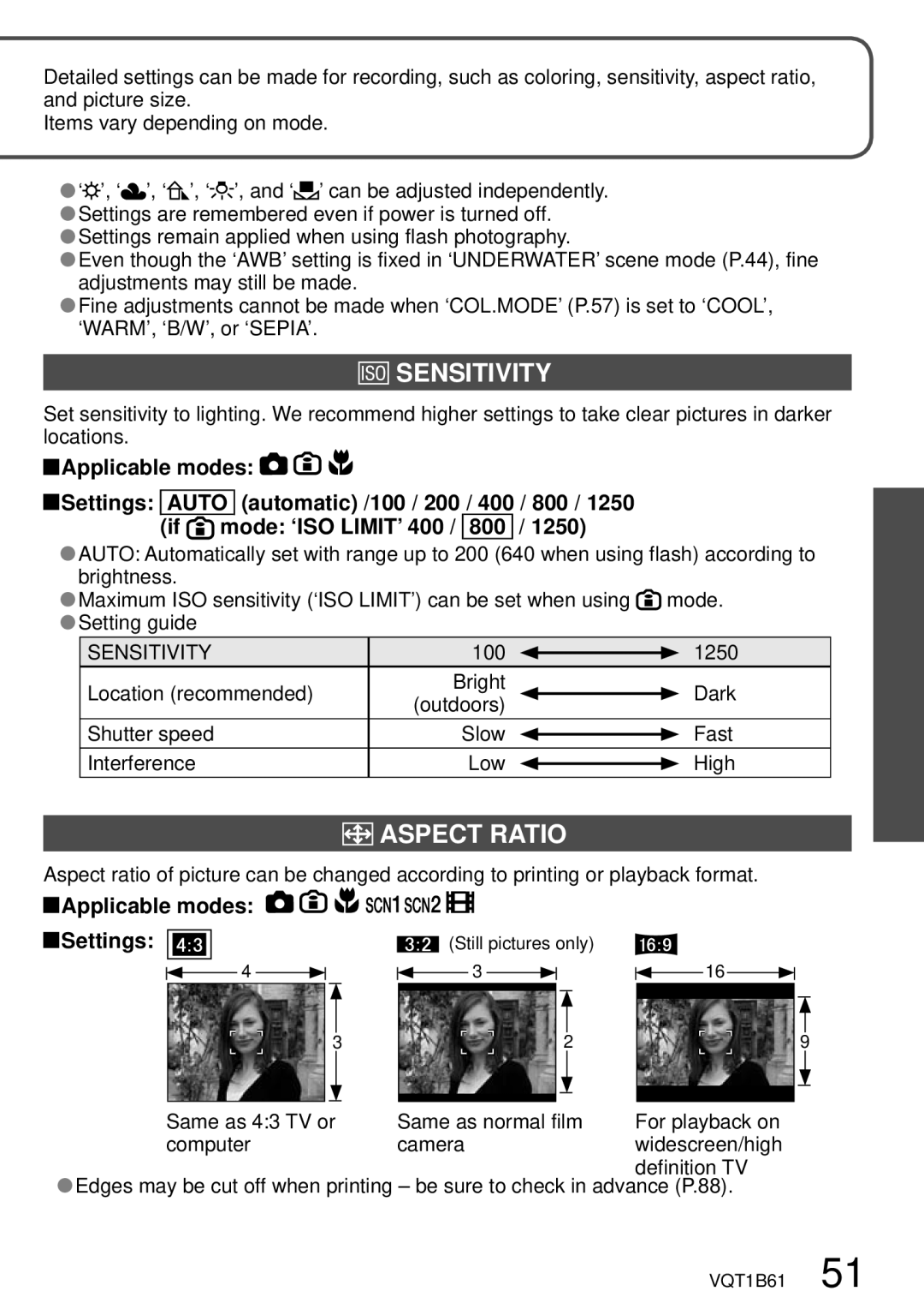 Panasonic DMC-TZ3 operating instructions Sensitivity, Aspect Ratio, Applicable modes Settings, Definition TV 