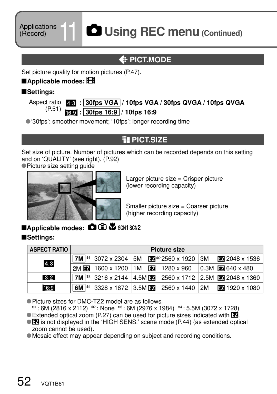 Panasonic DMC-TZ3 operating instructions Pict.Mode, Pict.Size, Aspect Ratio 