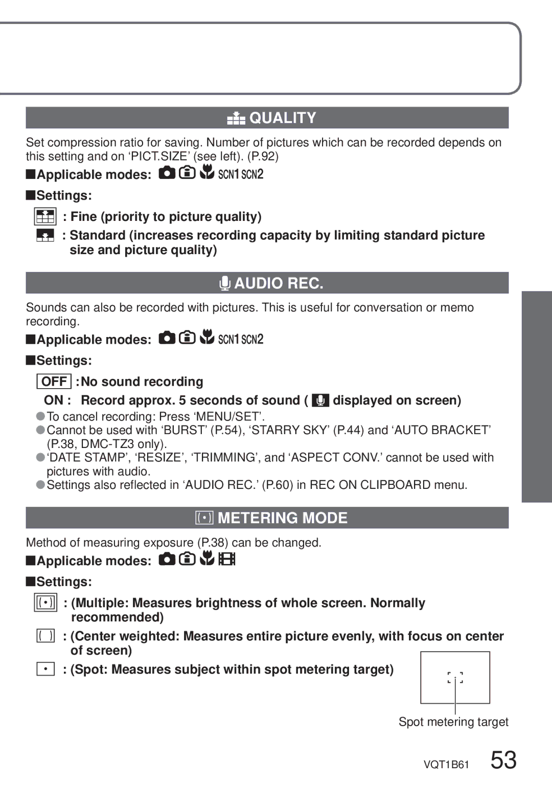 Panasonic DMC-TZ3 operating instructions Quality, Audio REC, Metering Mode, Off 