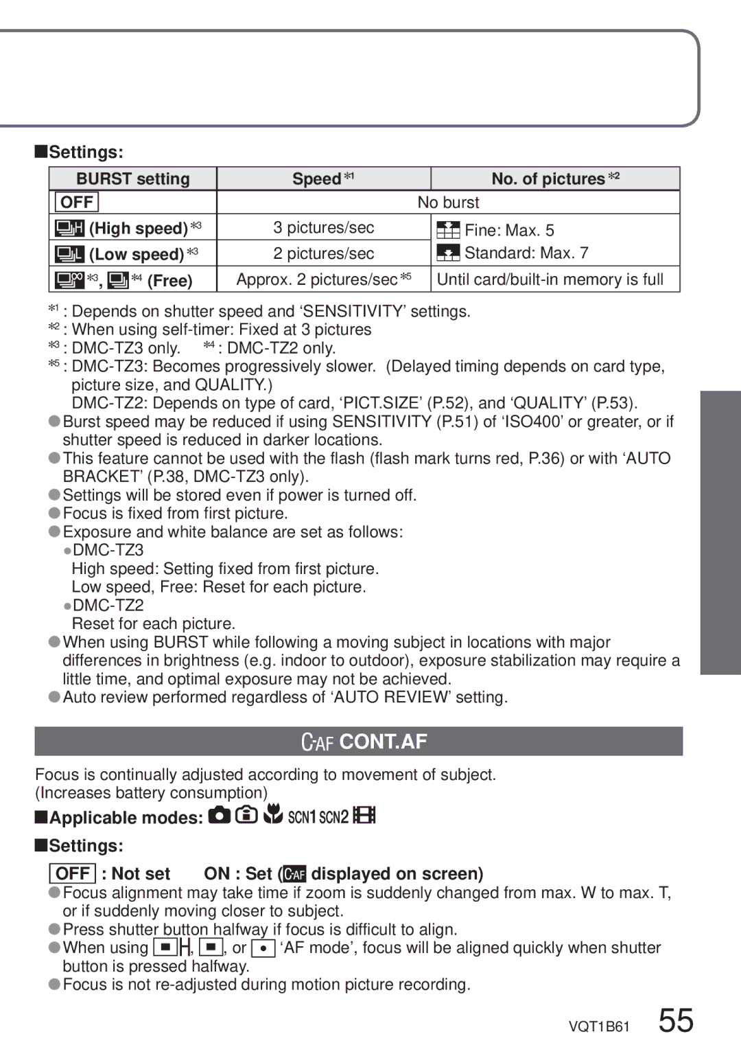 Panasonic DMC-TZ3 operating instructions Cont.Af, Settings Burst setting Speed No. of pictures, High speed, Low speed, Free 