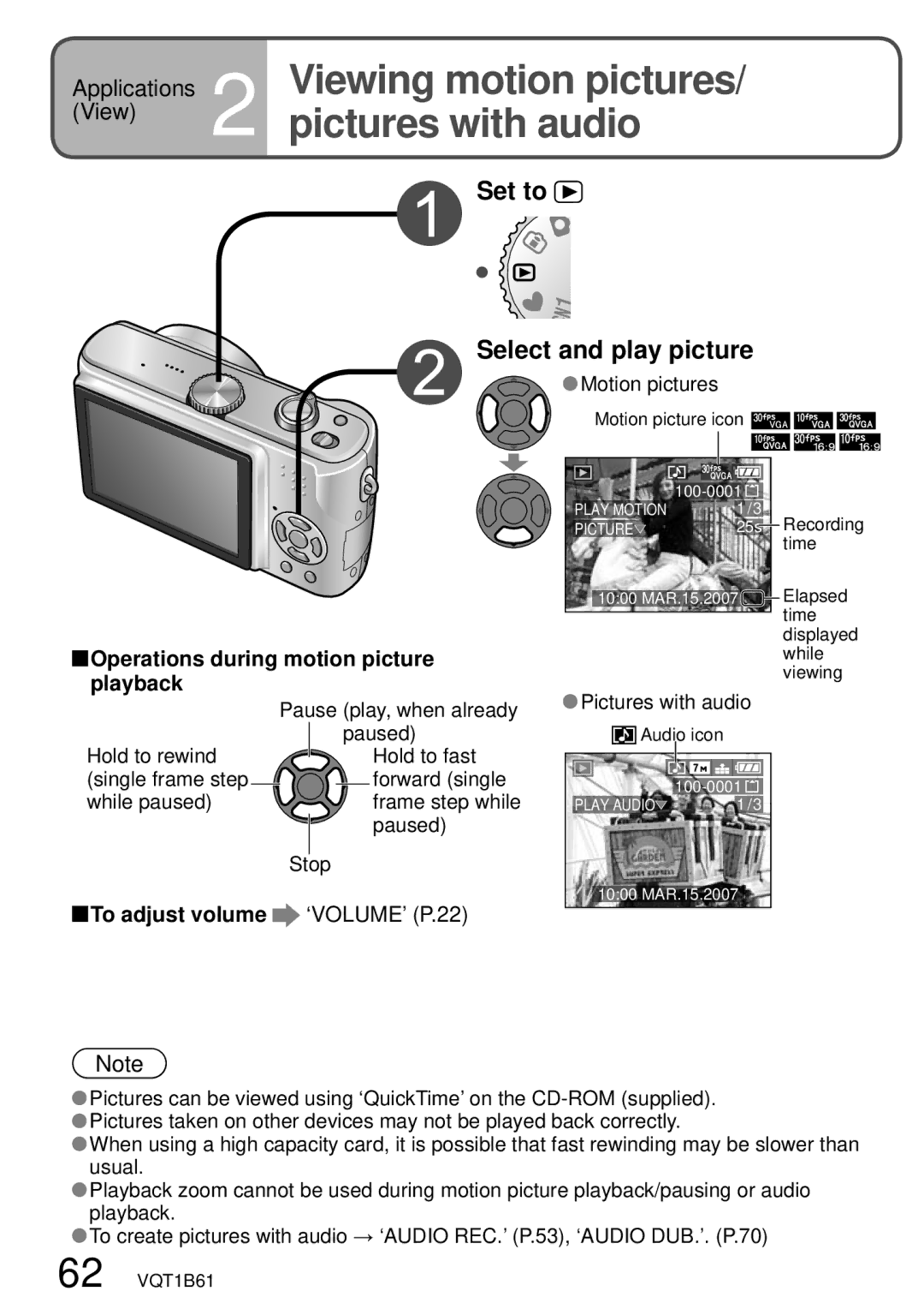 Panasonic DMC-TZ3 operating instructions Pictures with audio, Viewing motion pictures, Select and play picture 