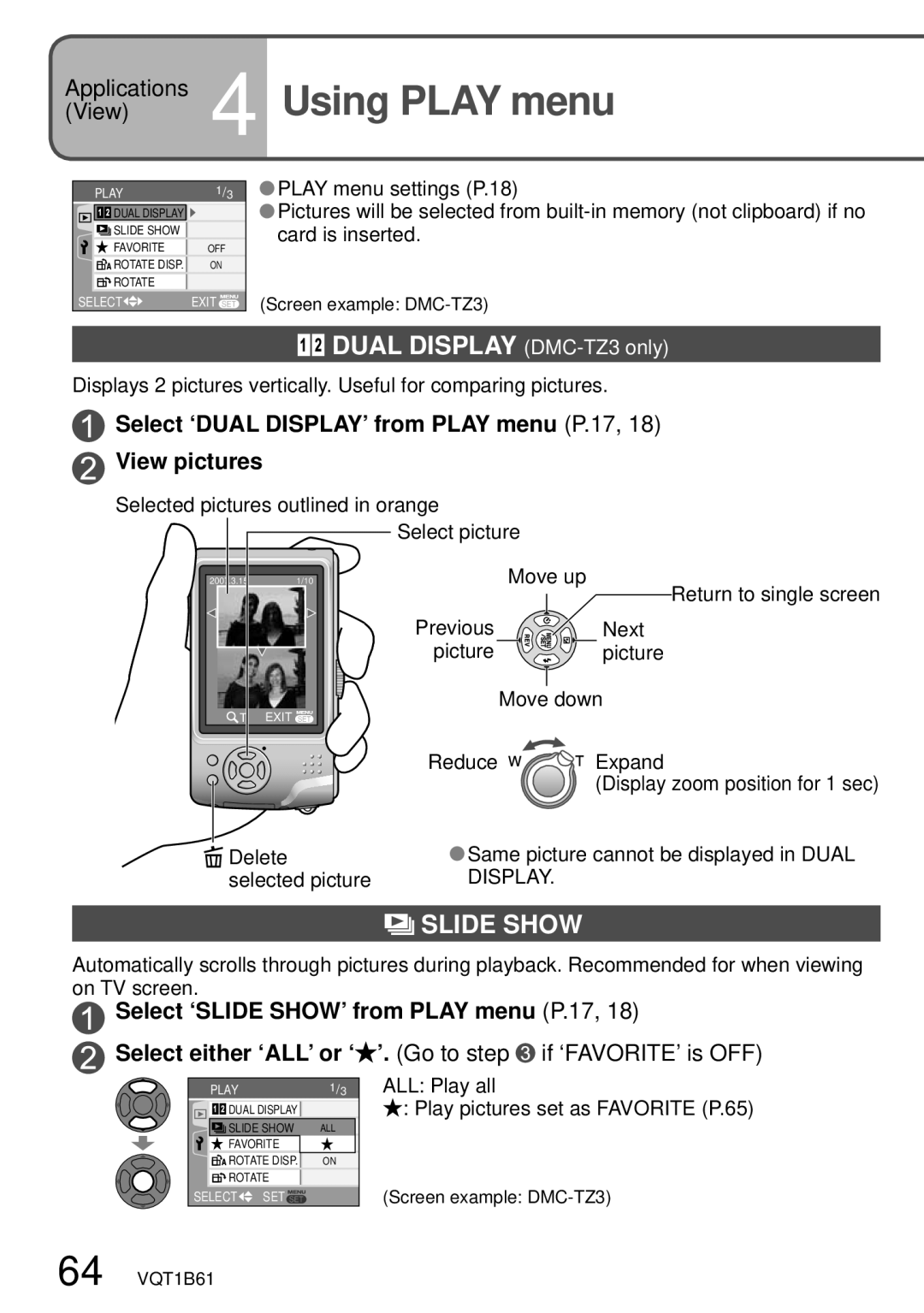 Panasonic operating instructions Applications 4 Using Play menu, Dual Display DMC-TZ3 only, Slide Show 