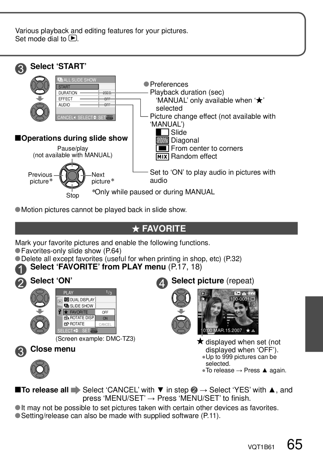 Panasonic DMC-TZ3 Favorite, Select ‘START’, Select ‘FAVORITE’ from Play menu P.17, Select ‘ON’ Select picture repeat 