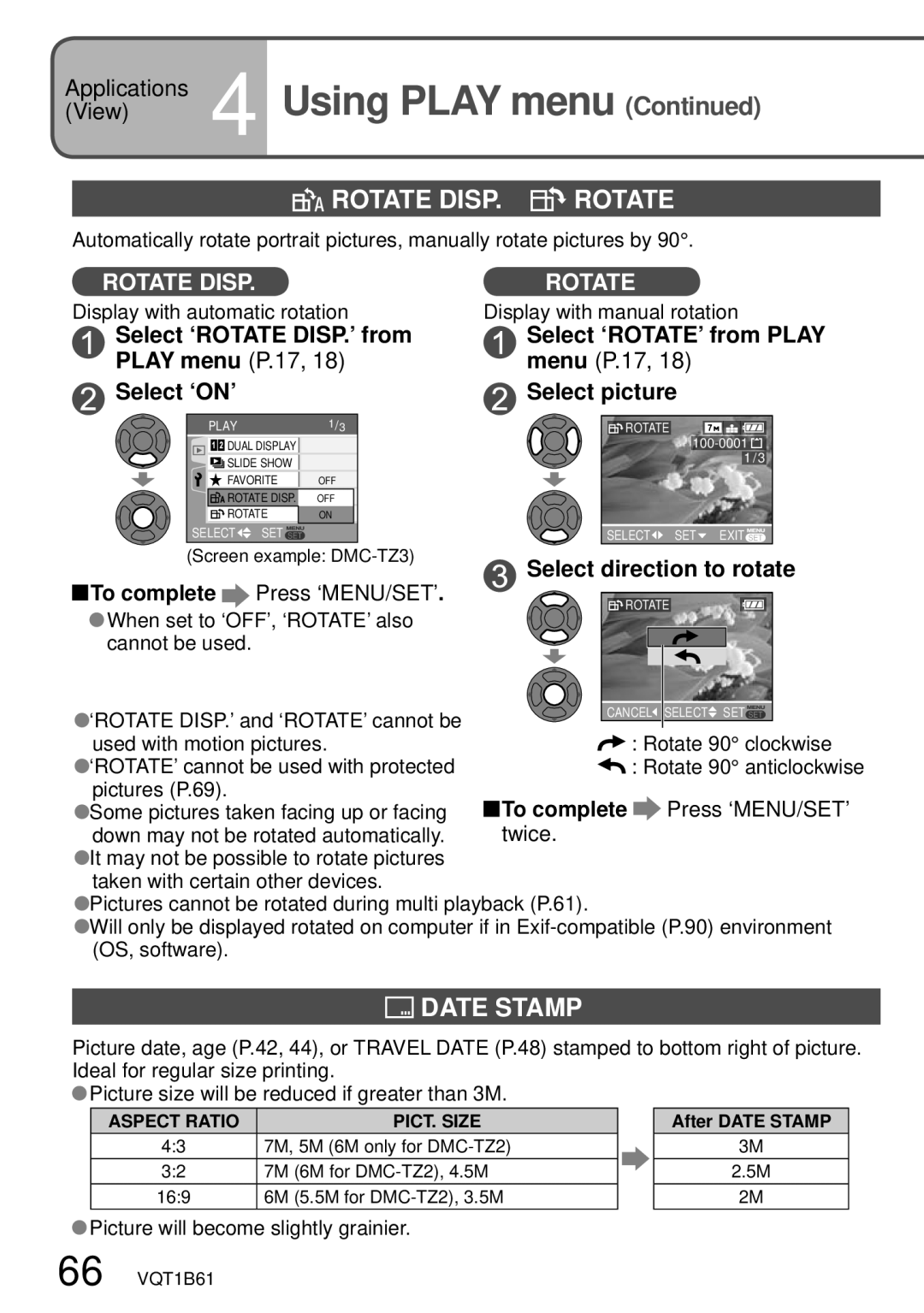 Panasonic DMC-TZ3 Rotate Disp, Date Stamp, Select ‘ROTATE DISP.’ from Play menu P.17, Select ‘ON’ Select picture 