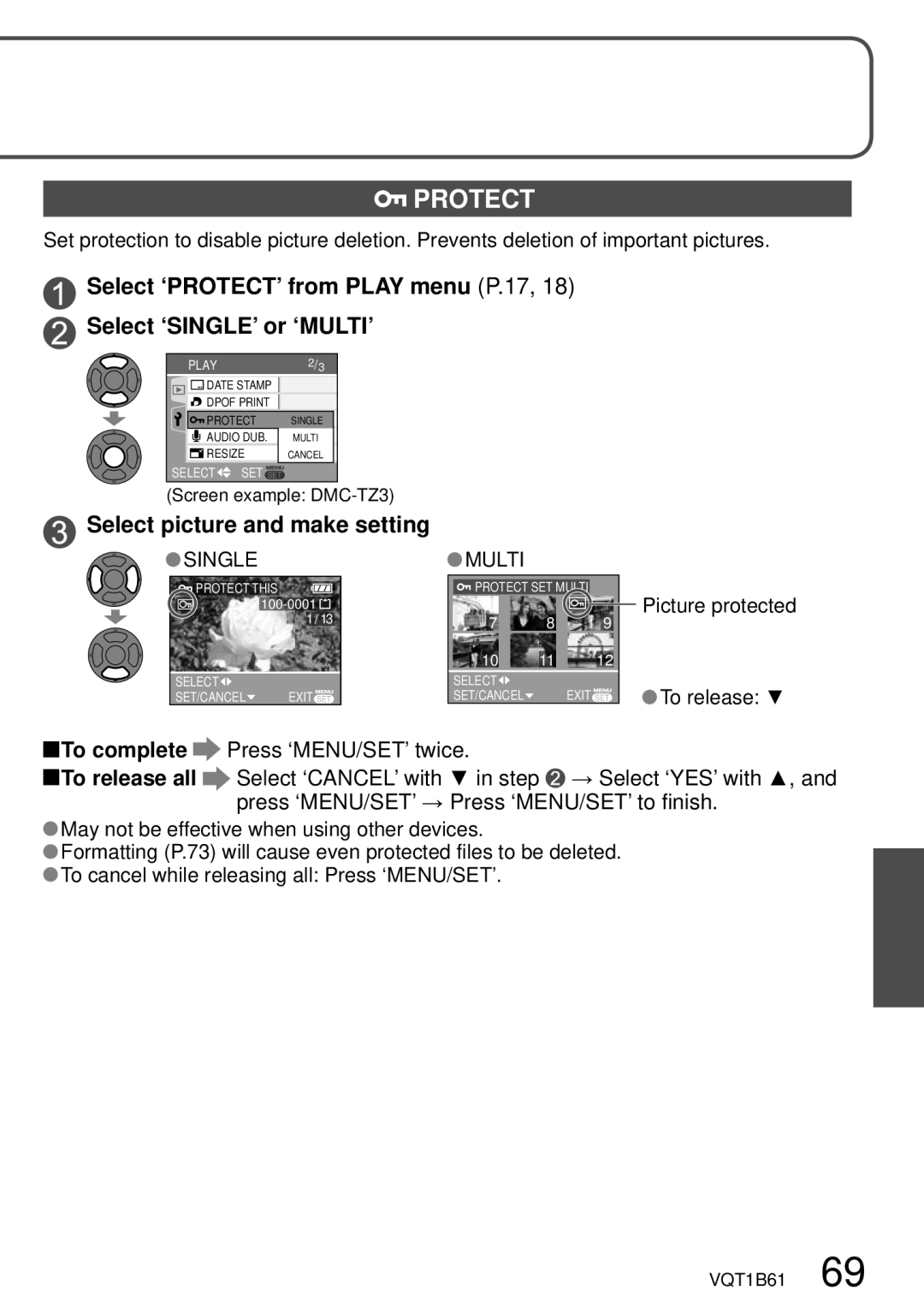 Panasonic DMC-TZ3 operating instructions Protect, Select picture and make setting, Picture protected To release 