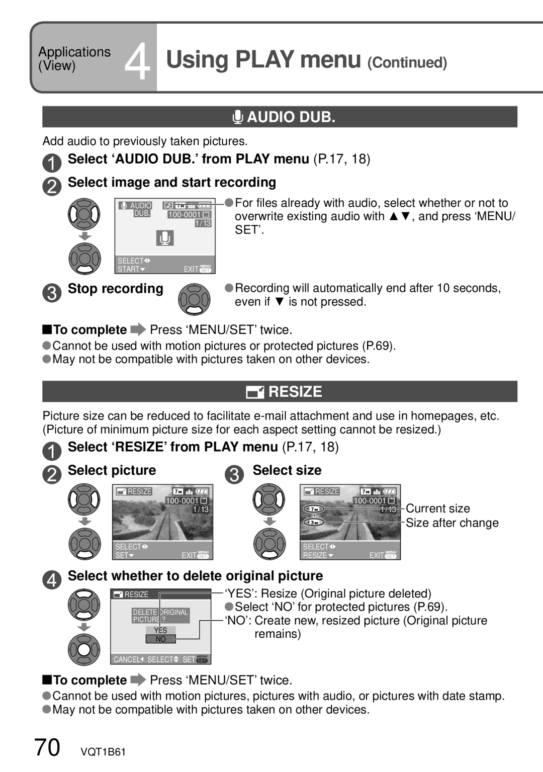 Panasonic DMC-TZ3 operating instructions Audio DUB, Resize, Stop recording, Select whether to delete original picture 