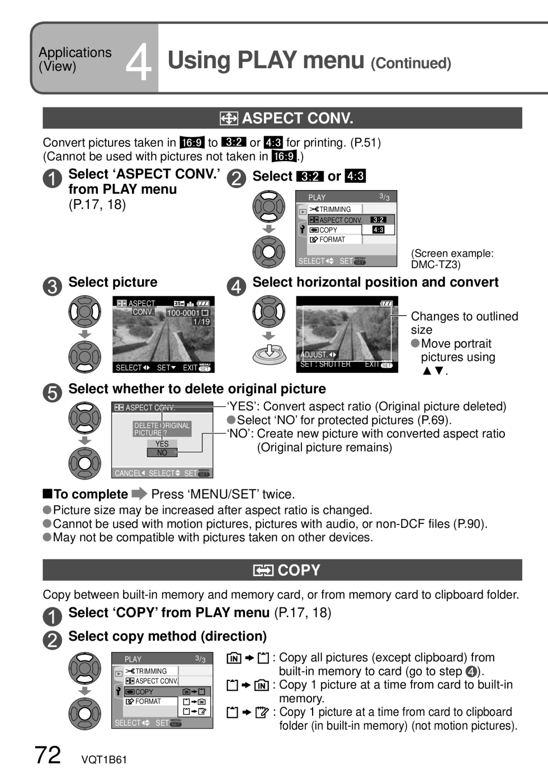 Panasonic DMC-TZ3 operating instructions Aspect Conv, Copy, Select ‘ASPECT CONV.’, From Play menu 