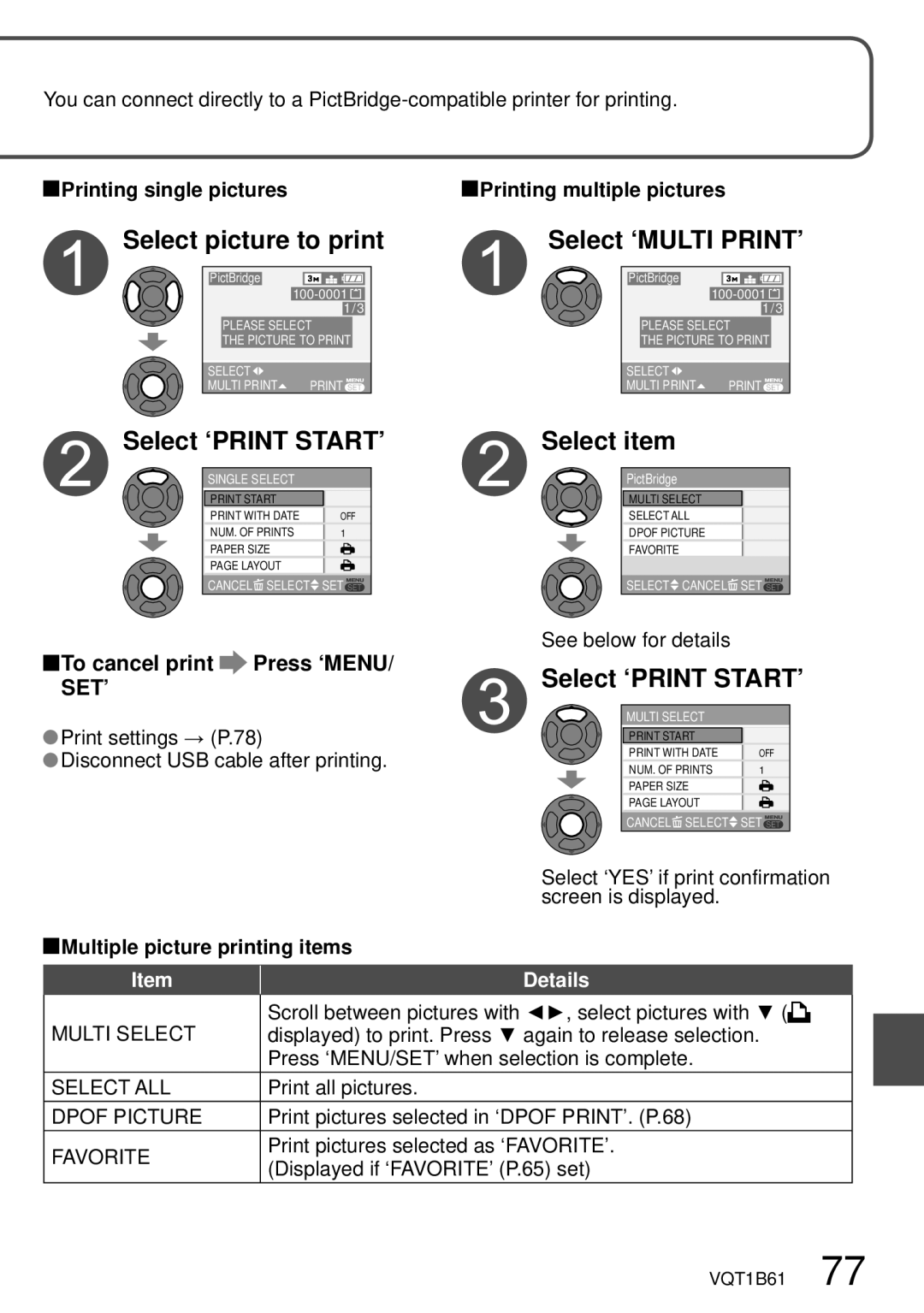 Panasonic DMC-TZ3 operating instructions Select picture to print, Select ‘PRINT START’, Select ‘MULTI PRINT’ 