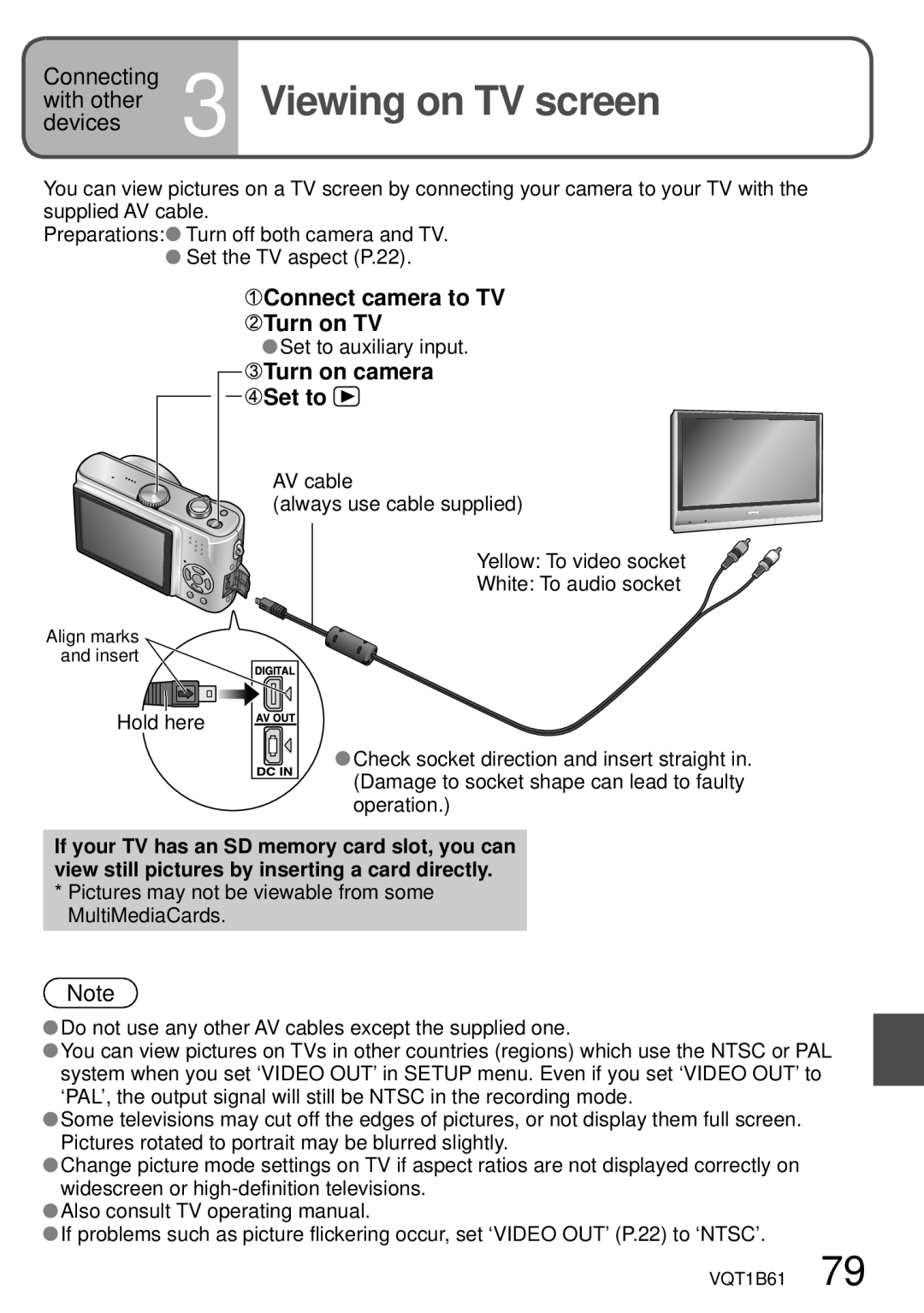 Panasonic DMC-TZ3 Viewing on TV screen, Connect camera to TV Turn on TV, Turn on camera Set to, Set to auxiliary input 