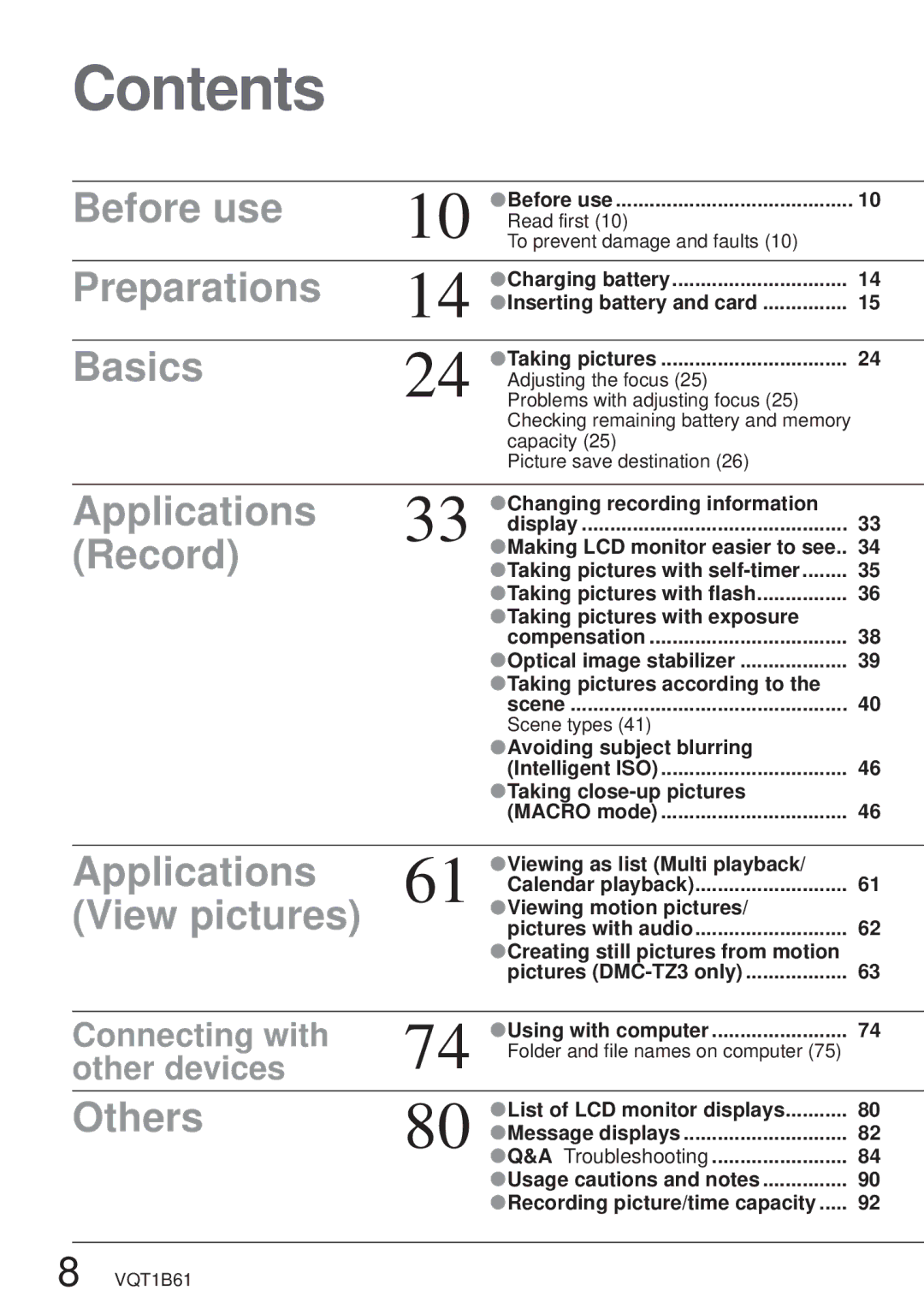 Panasonic DMC-TZ3 operating instructions Contents 