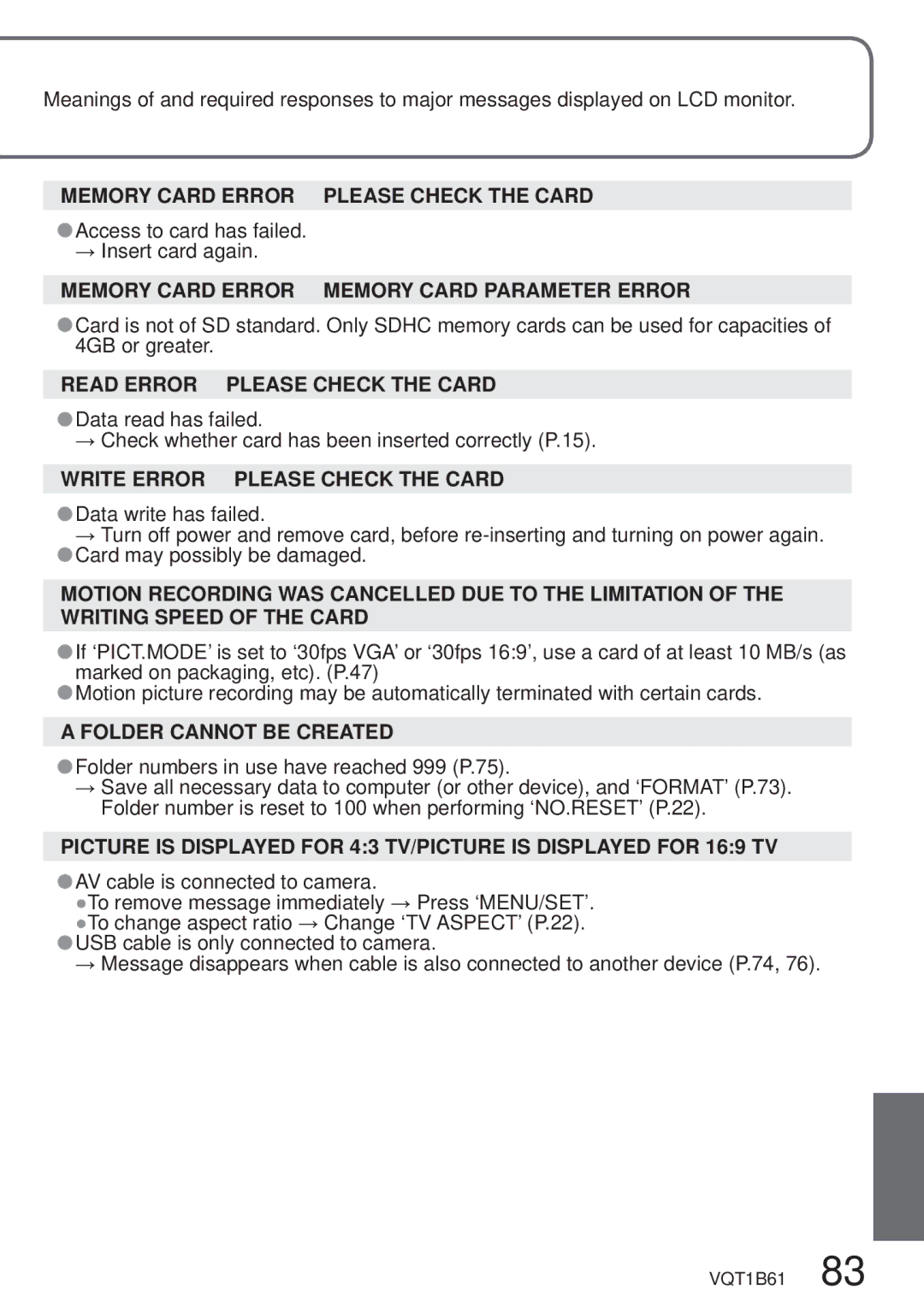 Panasonic DMC-TZ3 Memory Card Error Please Check the Card, Memory Card Error Memory Card Parameter Error 