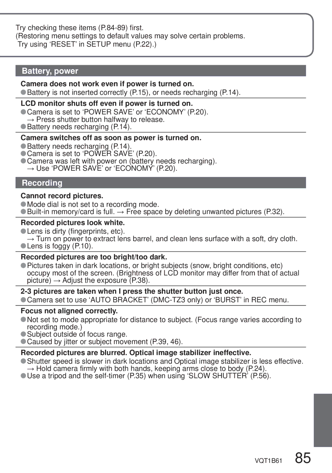 Panasonic DMC-TZ3 operating instructions Battery, power, Recording 