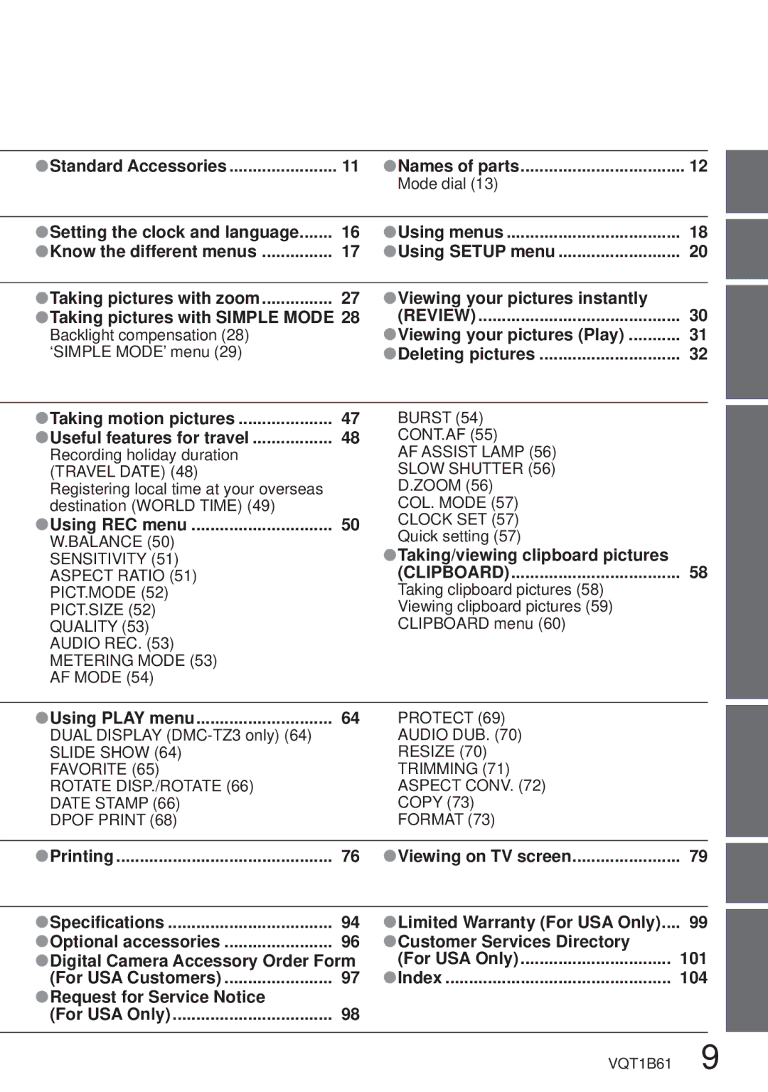 Panasonic DMC-TZ3 Review, Taking/viewing clipboard pictures Clipboard, Index 104 Request for Service Notice For USA Only 