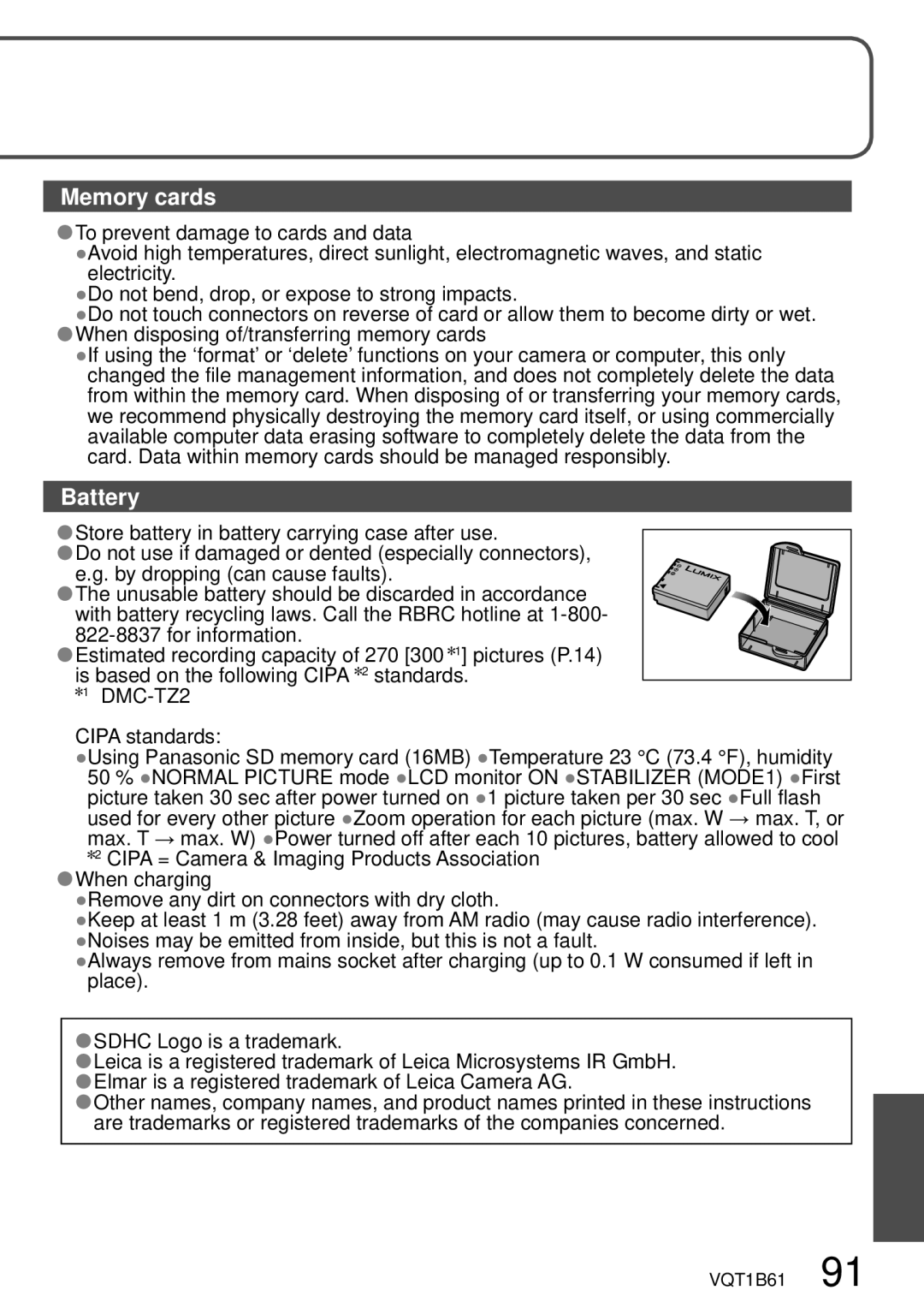 Panasonic DMC-TZ3 operating instructions Memory cards, Battery 