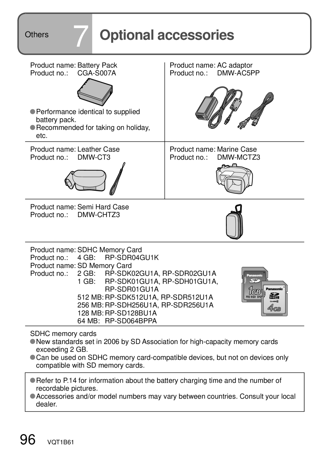 Panasonic DMC-TZ3 operating instructions Optional accessories 