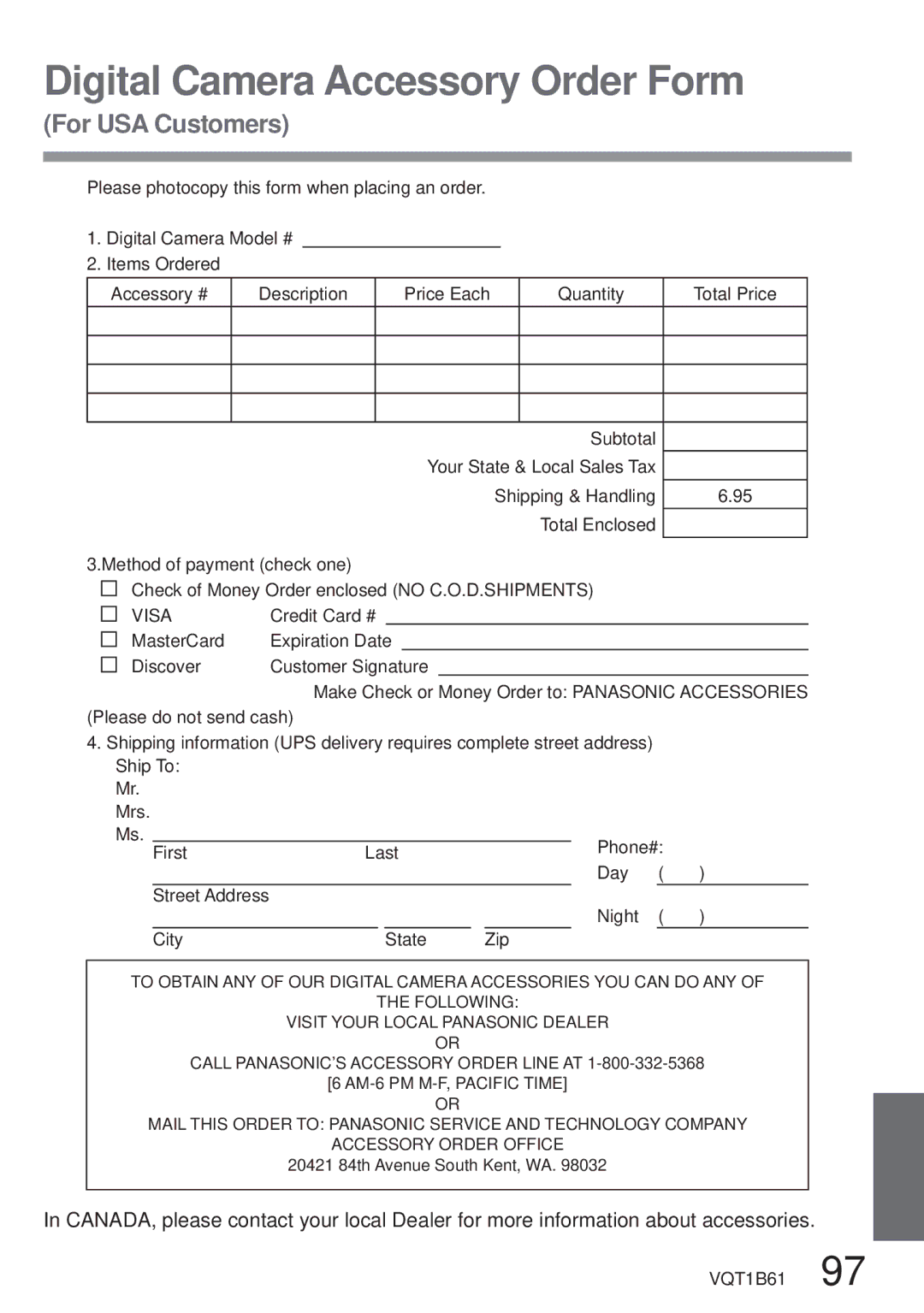 Panasonic DMC-TZ3 operating instructions Digital Camera Accessory Order Form, For USA Customers 