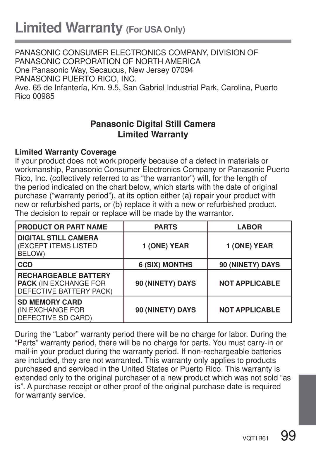 Panasonic DMC-TZ3 Limited Warranty For USA Only, Panasonic Digital Still Camera Limited Warranty, Ninety Days 