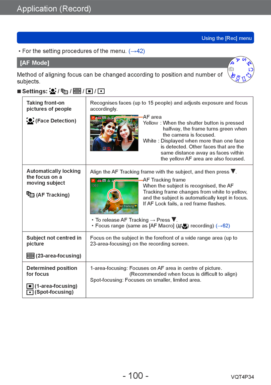 Panasonic DMC-TZ35 operating instructions 100, AF Mode 