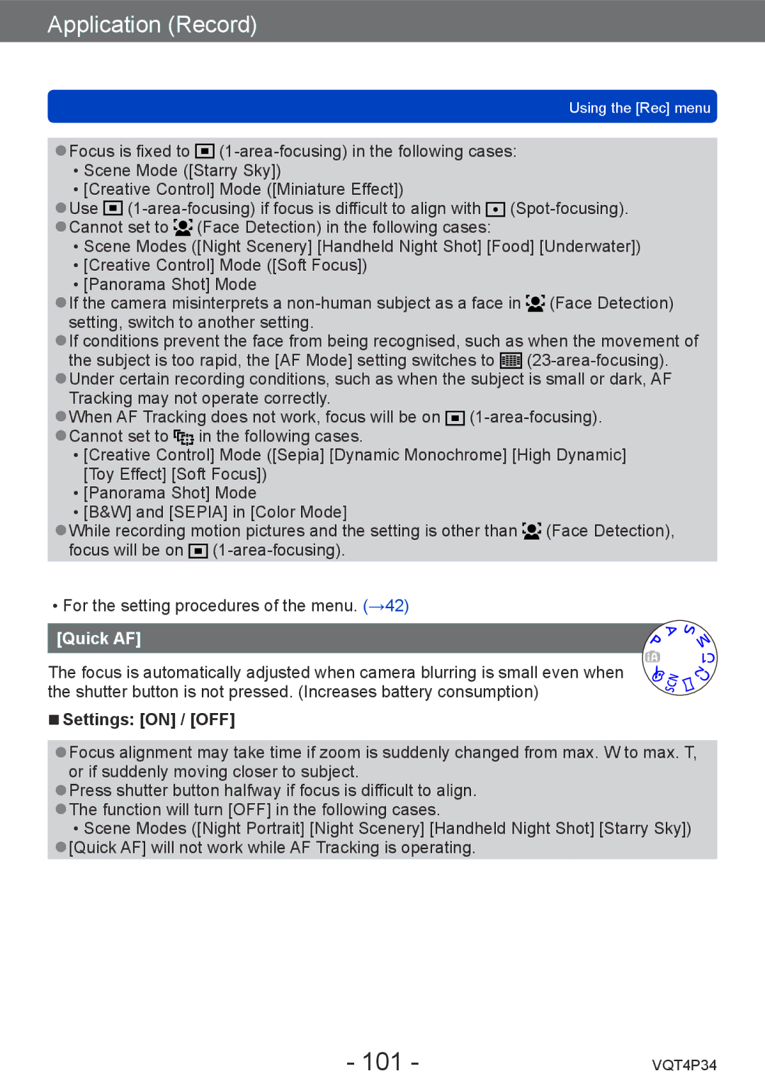 Panasonic DMC-TZ35 operating instructions 101, Quick AF 