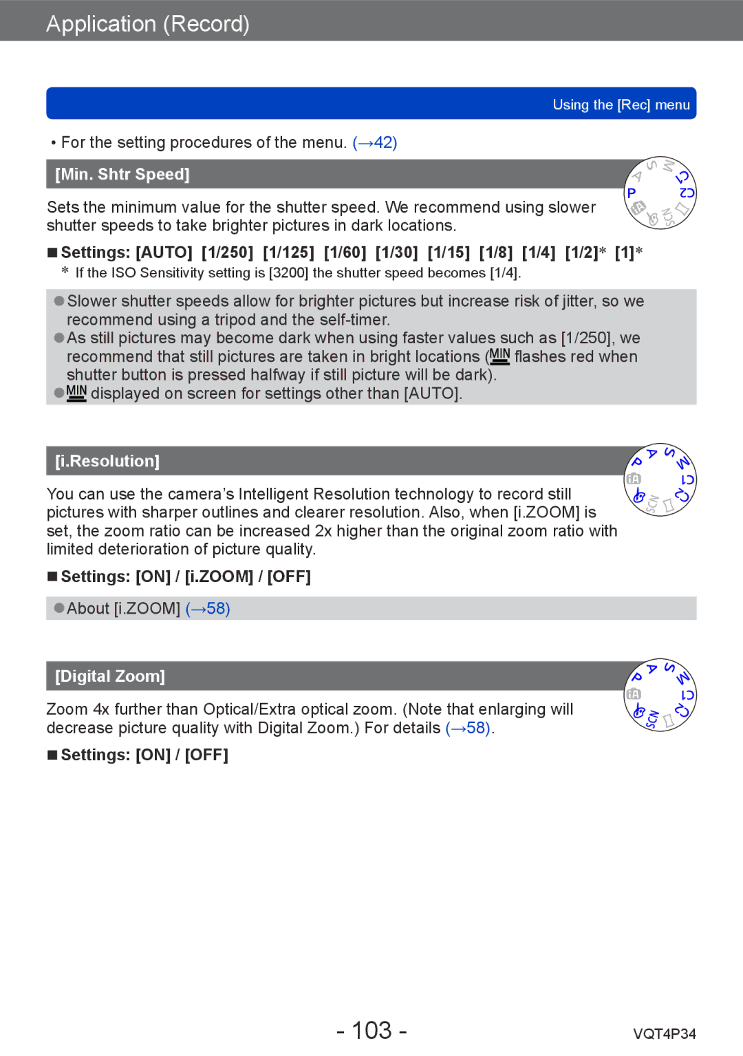 Panasonic DMC-TZ35 operating instructions 103, Min. Shtr Speed, Resolution, Digital Zoom 